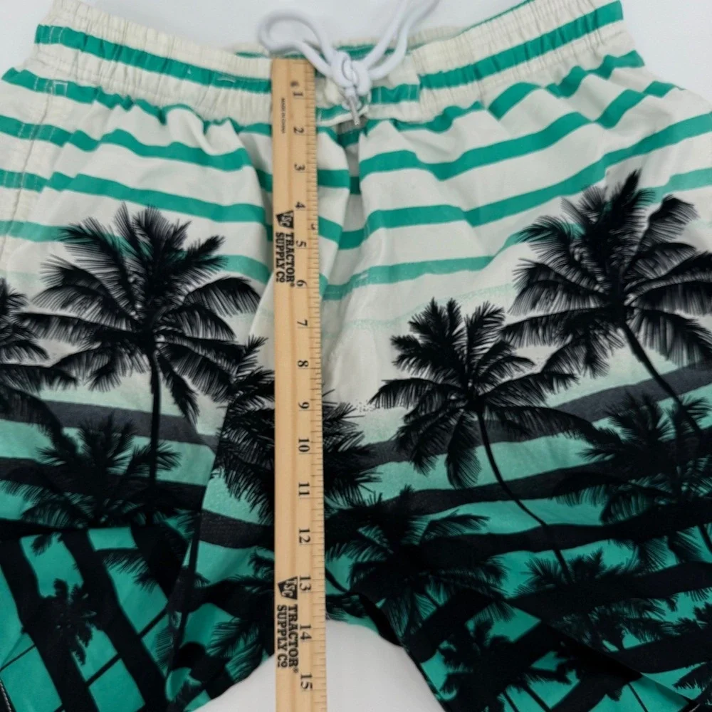 Kailua Surf Mens XXL Teal Palm Tree Striped Swim Trunks Board Shorts Mesh Lining